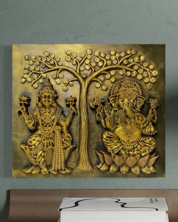 16X14 Inch Ganesha Lakshmi gold coin with tree 3D Relief Mural Wall Art 16X14 Inch / PU Gold / Unframed