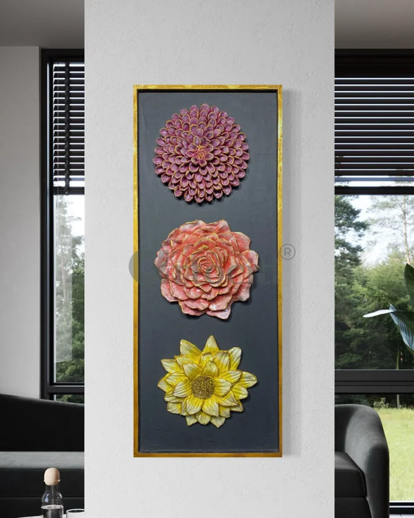 2.5X1 Feet Decorative Trio of Blooming Flowers | Abstract 3d Relief Mural Wall Art Framed 2.5X1 Feet / Multi