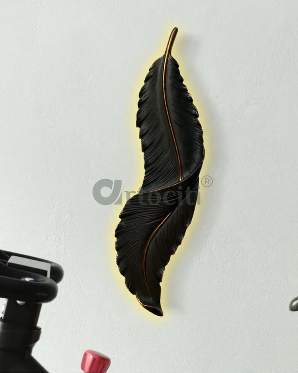 2 Feet Feather 3D Abstract Relief Mural Wall Art | LED Light Installed Set Of 1 / Black