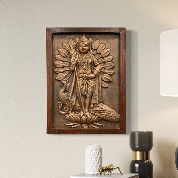 20X15 Inches Lord Murugan (God Kartikeya) 3D WALL Hanging Relief Mural | Ready to Hang BRONZE / 20X15 INCHES / FRAMED