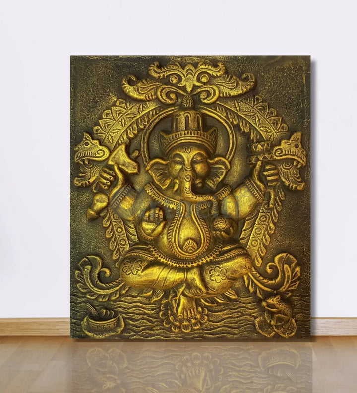 20x16 Inches Lord Ganesha 3D Wall Hanging Relief Mural Golden Ganesha Wall Decor