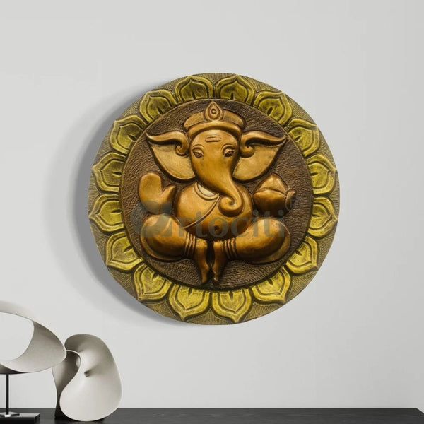 21x21 Inches Round Lord Ganesha 3D Wall Hanging Golden Bronze