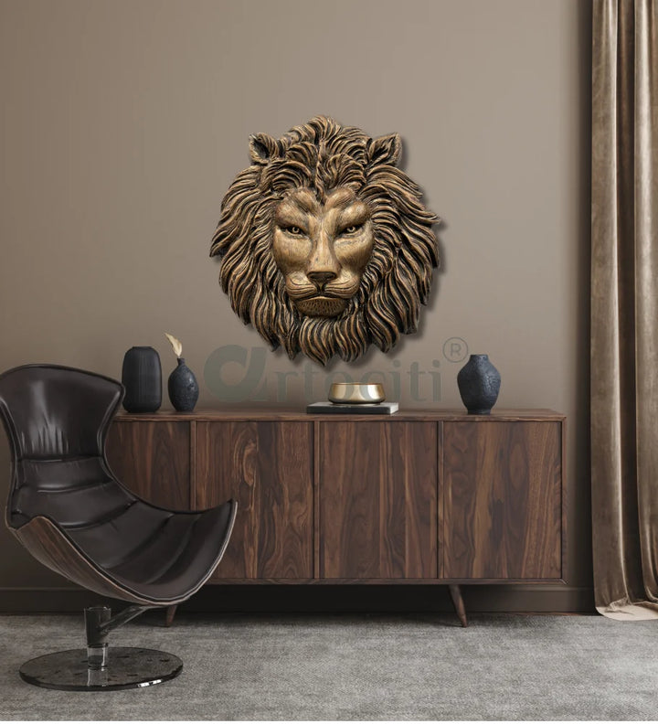 (22 Inches) Lion Face 3D Relief Mural Wall Art SET OF 1 BRONZE