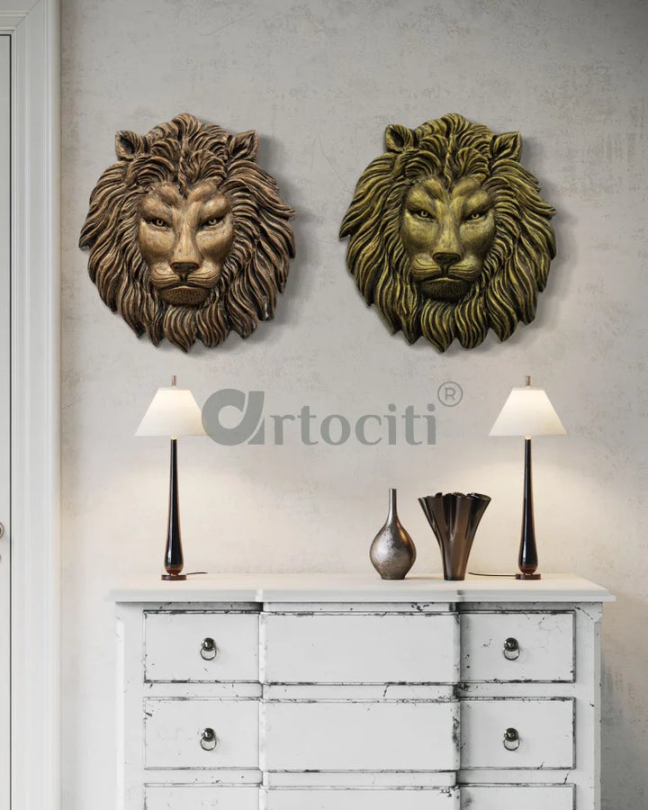 (22 Inches) Lion Face 3D Relief Mural Wall Art SET OF 2 BRONZE & GOLD