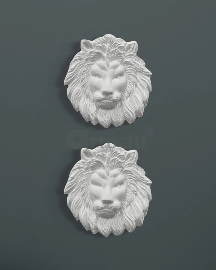 (22 Inches) Lion Face 3D Relief Mural Wall Art SET OF 2 WHITE