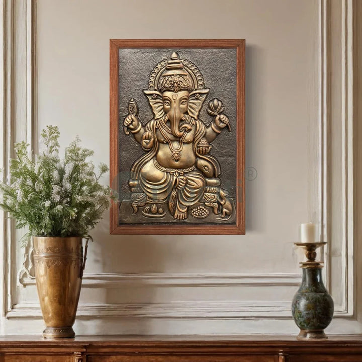 24X16 Inches Sitting Ganesha 3D Relief Mural Wall Art 24X16 Inch / Bronze / Framed