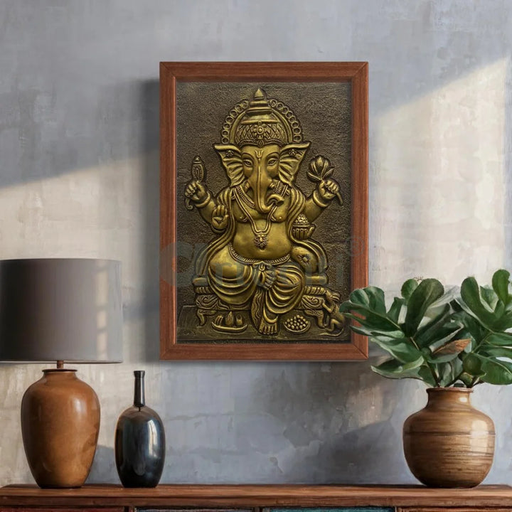 24X16 Inches Sitting Ganesha 3D Relief Mural Wall Art 24X16 Inch / Gold / Framed