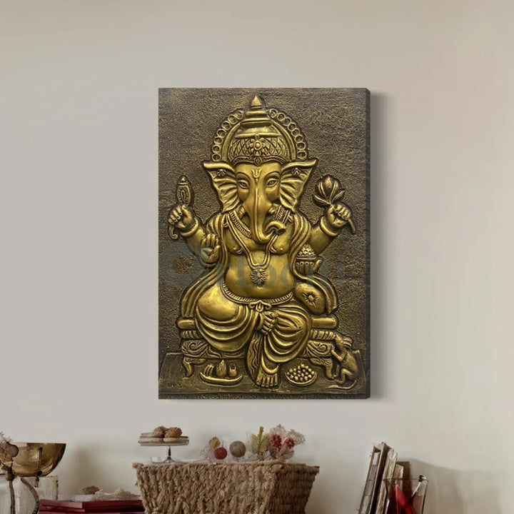 24X16 Inches Sitting Ganesha 3D Relief Mural Wall Art 24X16 Inch / Gold / Unframed