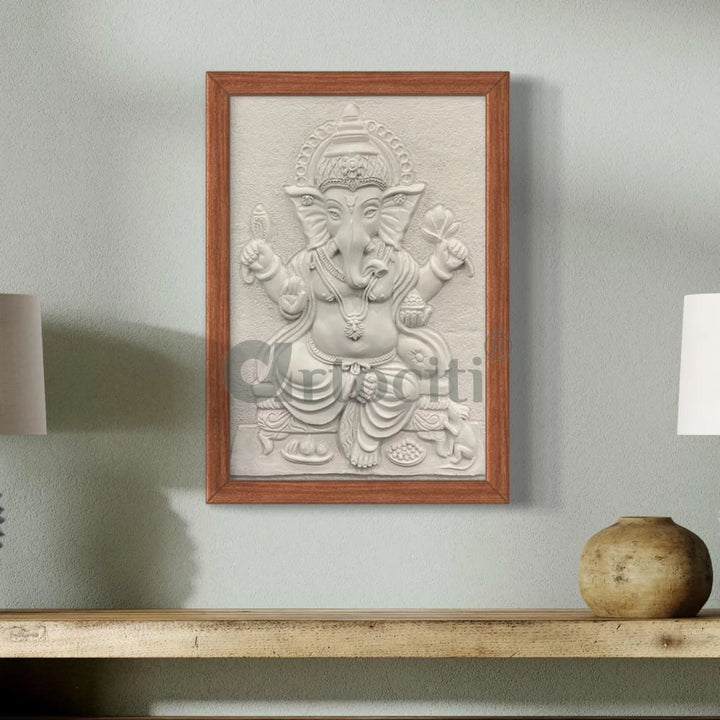 24X16 Inches Sitting Ganesha 3D Relief Mural Wall Art 24X16 Inch / White / Framed