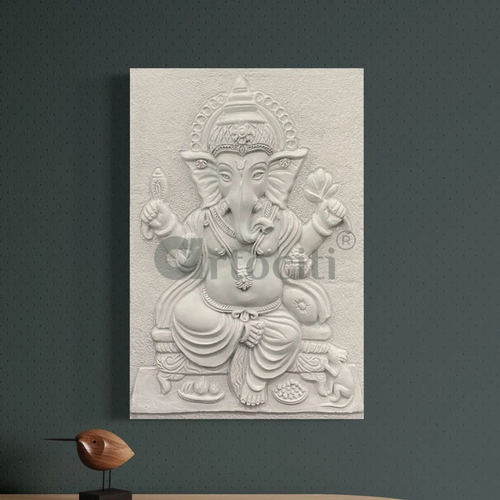 24X16 Inches Sitting Ganesha 3D Relief Mural Wall Art 24X16 Inch / White / Unframed