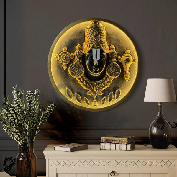 24X24 inch Tirupati Balaji 3D Relief Mural with LED Wall Hanging Spiritual Wall Art 24X24 Inch / Gold