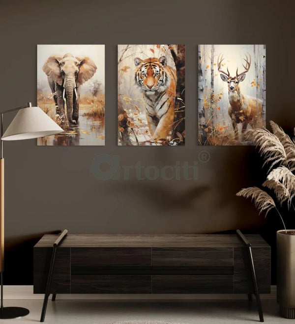 3-Piece Elephant Deer and Tiger Jungle Canvas Set 24X16 inches Jungle Book