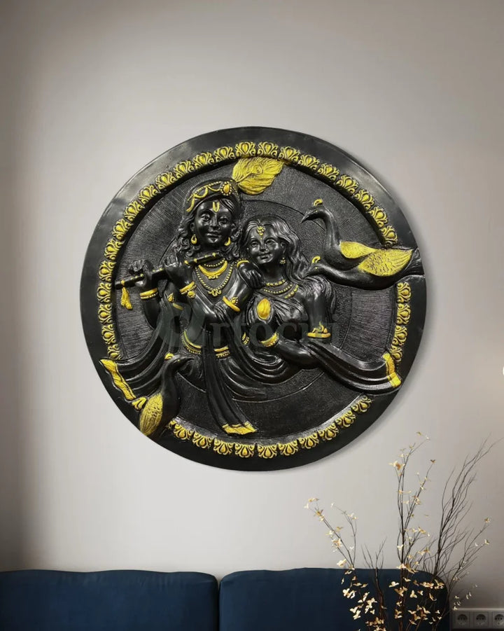31x31 Inches Round Radha Krishna 3D Relief Mural Wall Art 31x31” / Black with golden Highlight radha krishna