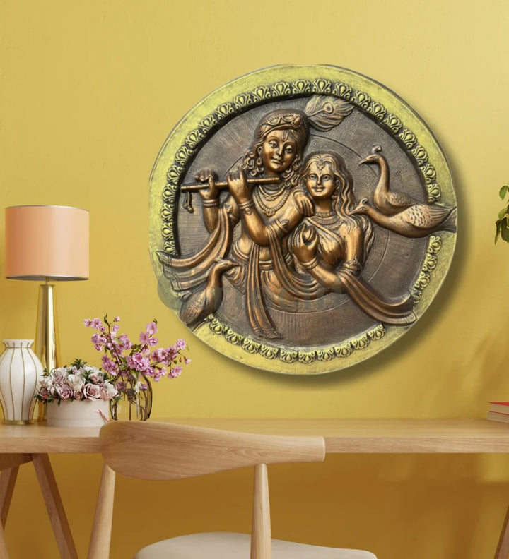 31x31 Inches Round Radha Krishna 3D Relief Mural Wall Art 31x31” / Golden Bronze radha krishna