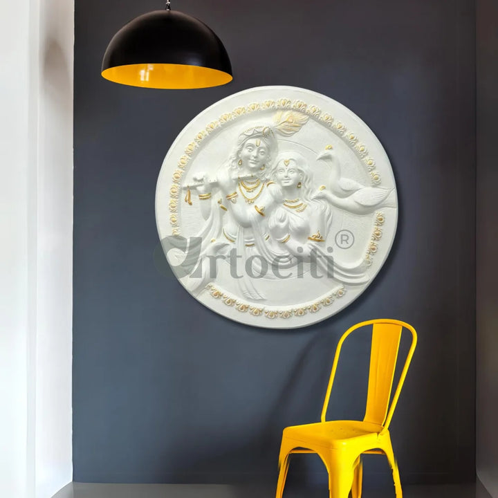 31x31 Inches Round Radha Krishna 3D Relief Mural Wall Art 31x31” / White with golden Highlight radha krishna