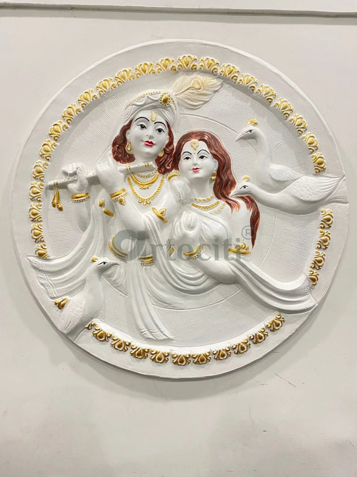 31x31 Inches Round Radha Krishna 3D Relief Mural Wall Art 31x31” / White With Multi decor radha krishna
