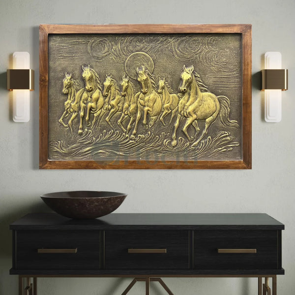 3X2 feet 7 Horse 3D Relief Mural Wall Art Golden / Framed