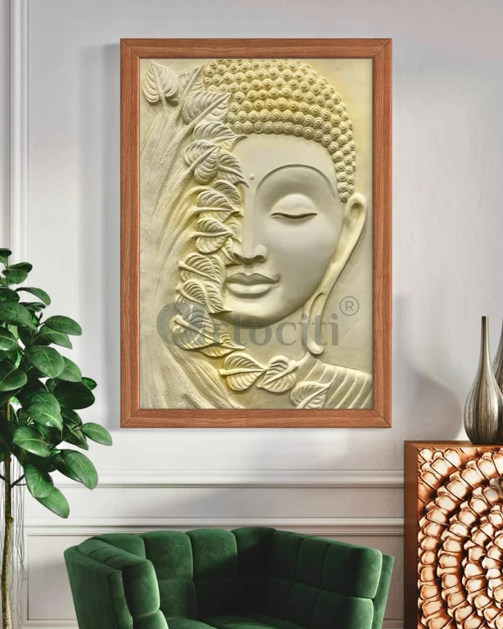 3x2 Feet Buddha with green leaves 3D Relief Mural Wall Art Cream Yellow / Framed ready to hang Buddha Wall Decor