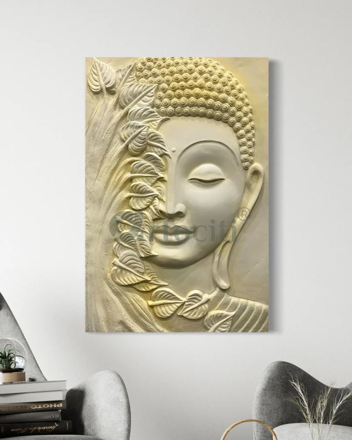 3x2 Feet Buddha with green leaves 3D Relief Mural Wall Art Cream Yellow / Frameless ready to hang Buddha Wall Decor