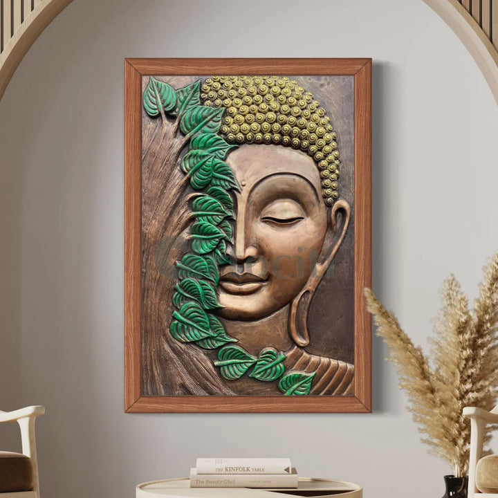 3x2 Feet Buddha with green leaves 3D Relief Mural Wall Art Golden Bronze and Green / Framed ready to hang Buddha Wall