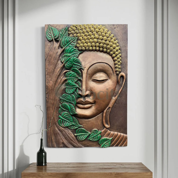 3x2 Feet Buddha with green leaves 3D Relief Mural Wall Art Golden Bronze and Green / Frameless ready to hang Buddha