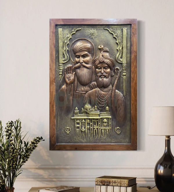 3X2 Feet Guru Nanak and Guru Gobind Singh 3D Relief Mural Wall Art 3X2 Feet / Framed / GoldBronze Golden Temple