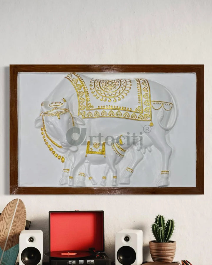 3X2 Feet Kamdhenu The Sacred Cow 3d Relief Mural