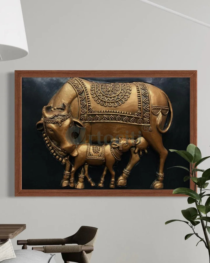 3X2 Feet Kamdhenu The Sacred Cow 3d Relief Mural 2X3 Feet / Frame / Bronze