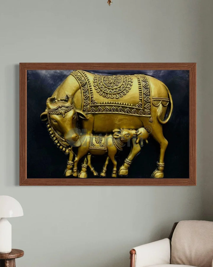 3X2 Feet Kamdhenu The Sacred Cow 3d Relief Mural 2X3 Feet / Frame / Gold