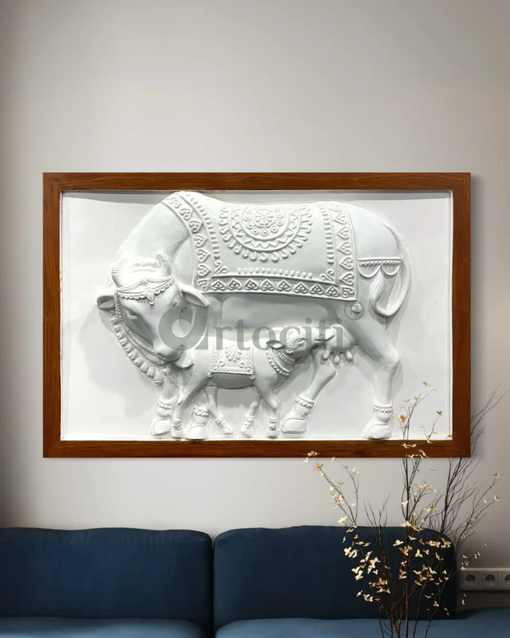 3X2 Feet Kamdhenu The Sacred Cow 3d Relief Mural 2X3 Feet / Frame / White