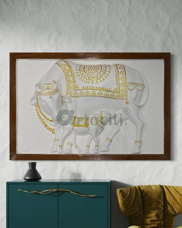 3X2 Feet Kamdhenu The Sacred Cow 3d Relief Mural 2X3 Feet / Frame / White with Golden Highlight