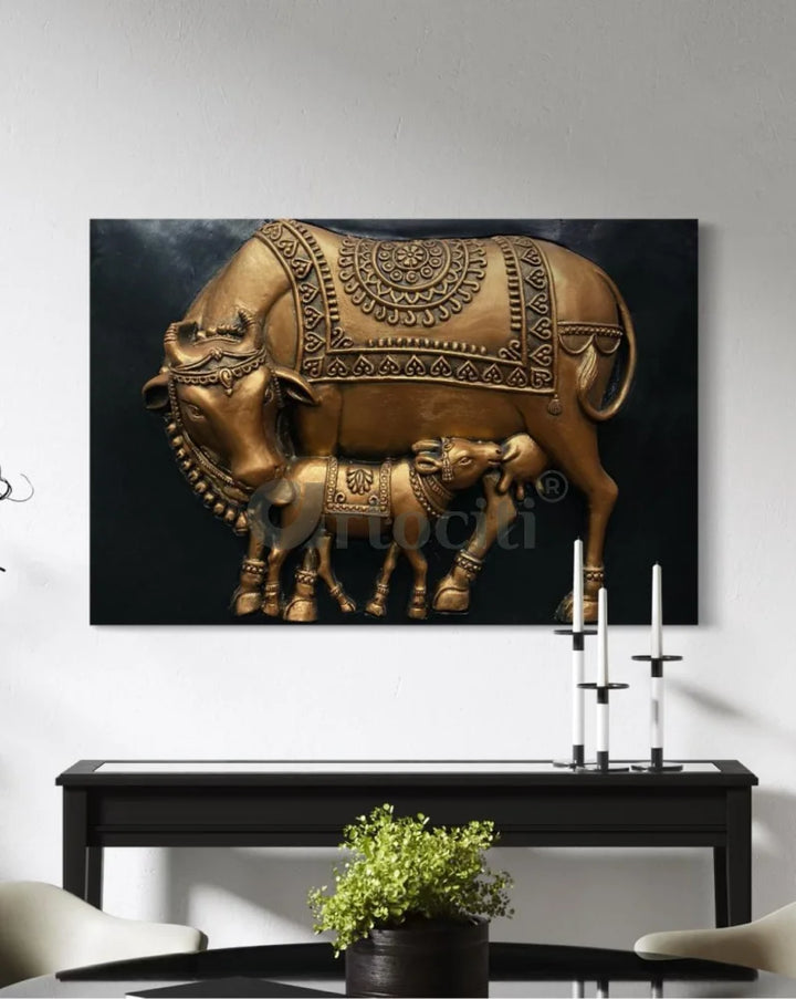 3X2 Feet Kamdhenu The Sacred Cow 3d Relief Mural 2X3 Feet / Unframe / Bronze