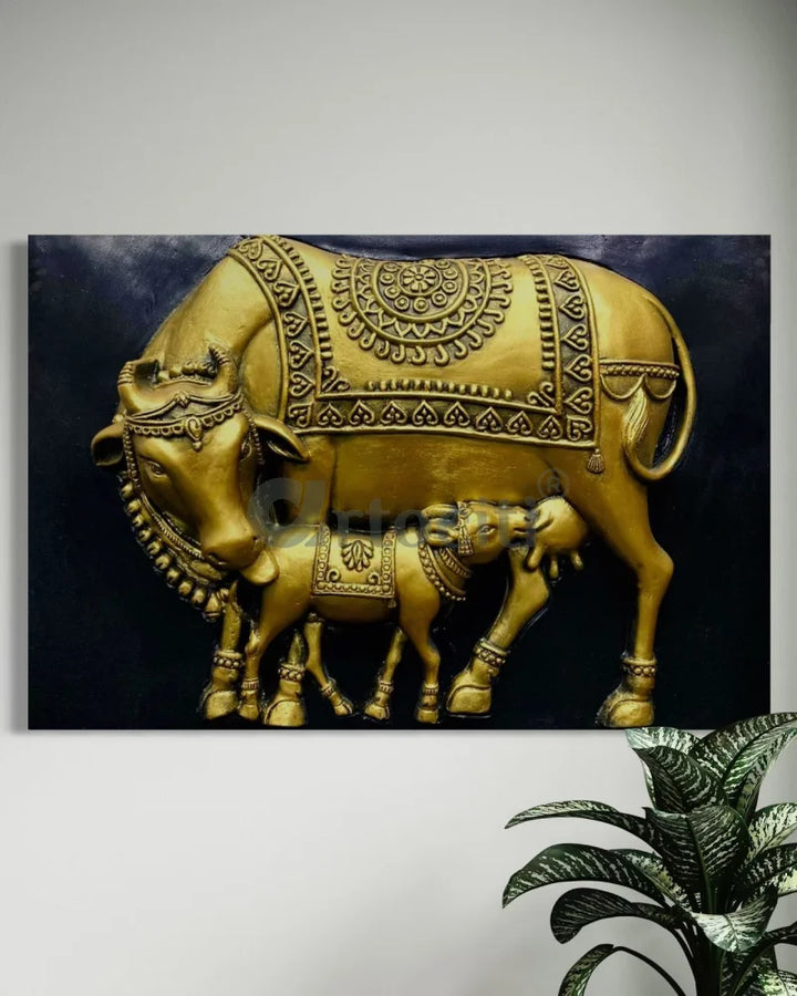 3X2 Feet Kamdhenu The Sacred Cow 3d Relief Mural 2X3 Feet / Unframe / Gold
