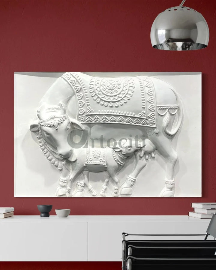 3X2 Feet Kamdhenu The Sacred Cow 3d Relief Mural 2X3 Feet / Unframe / White