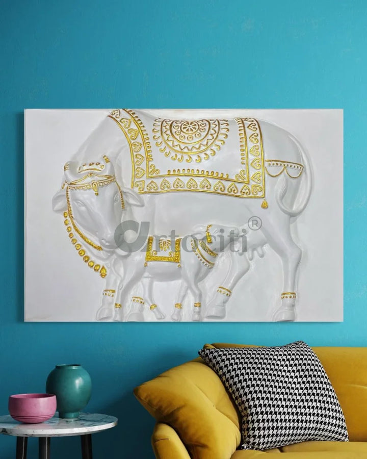 3X2 Feet Kamdhenu The Sacred Cow 3d Relief Mural