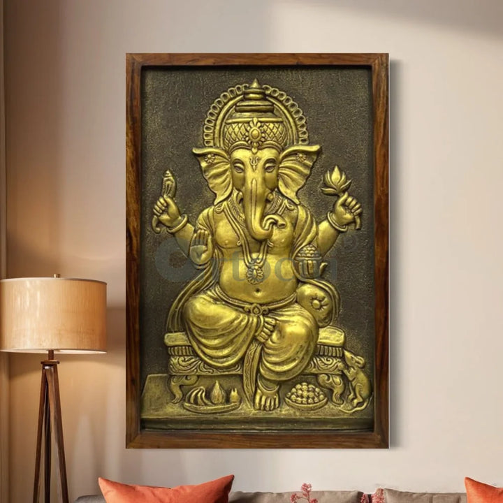 3x2 feet Sitting Ganesha 3D Relief Mural Wall Art Golden / Framed Ganesha Wall Decor