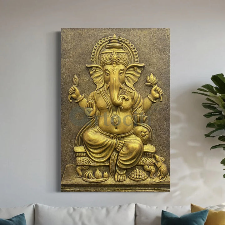 3x2 feet Sitting Ganesha 3D Relief Mural Wall Art Golden / Unframed (ready to hang) Ganesha Wall Decor