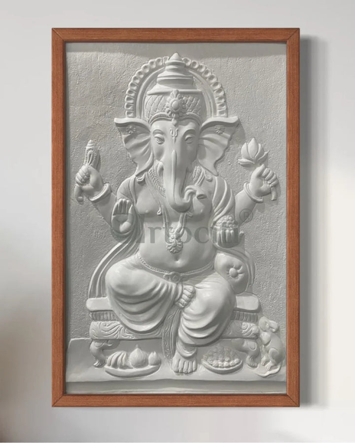3x2 feet Sitting Ganesha 3D Relief Mural Wall Art White / Framed Ganesha Wall Decor