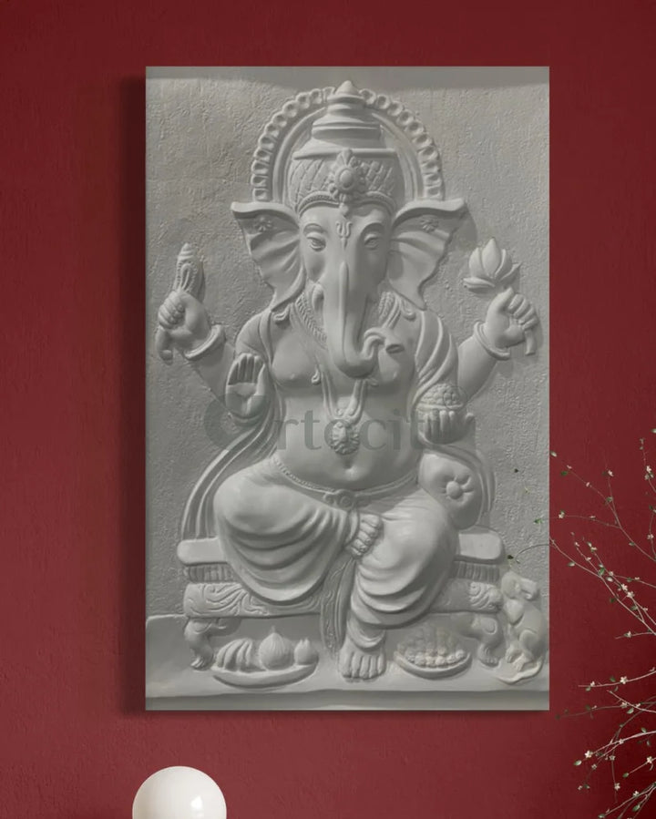 3x2 feet Sitting Ganesha 3D Relief Mural Wall Art White / Unframed (ready to hang) Ganesha Wall Decor