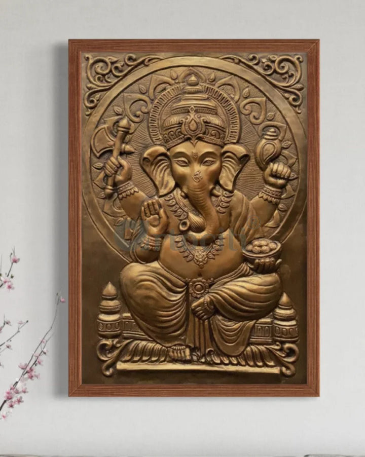 3x2 Feet Sitting Ganesha Relief Mural Wall Art Bronze / Framed Ganesha Wall Decor