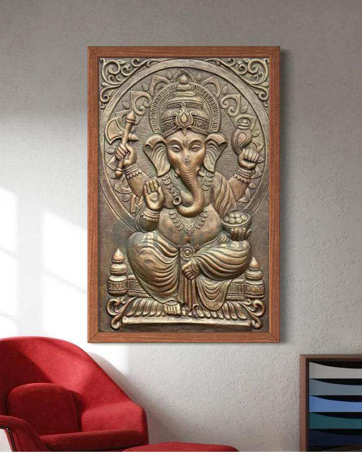 3x2 Feet Sitting Ganesha Relief Mural Wall Art Bronze Patina / Framed Ganesha Wall Decor