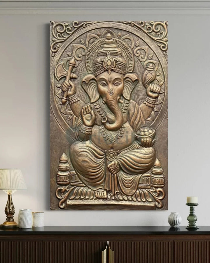 3x2 Feet Sitting Ganesha Relief Mural Wall Art Bronze Patina / Unframed (ready to hang) Ganesha Wall Decor