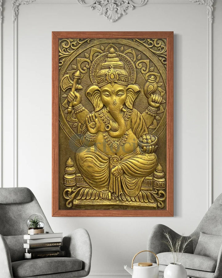 3x2 Feet Sitting Ganesha Relief Mural Wall Art Golden / Framed Ganesha Wall Decor