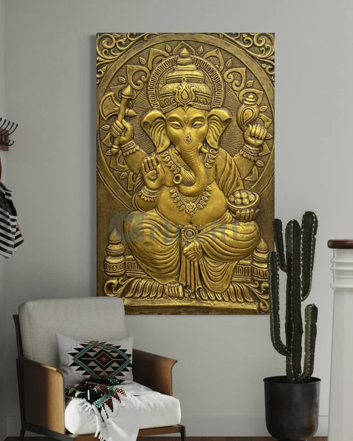 3x2 Feet Sitting Ganesha Relief Mural Wall Art Golden / Unframed (ready to hang) Ganesha Wall Decor