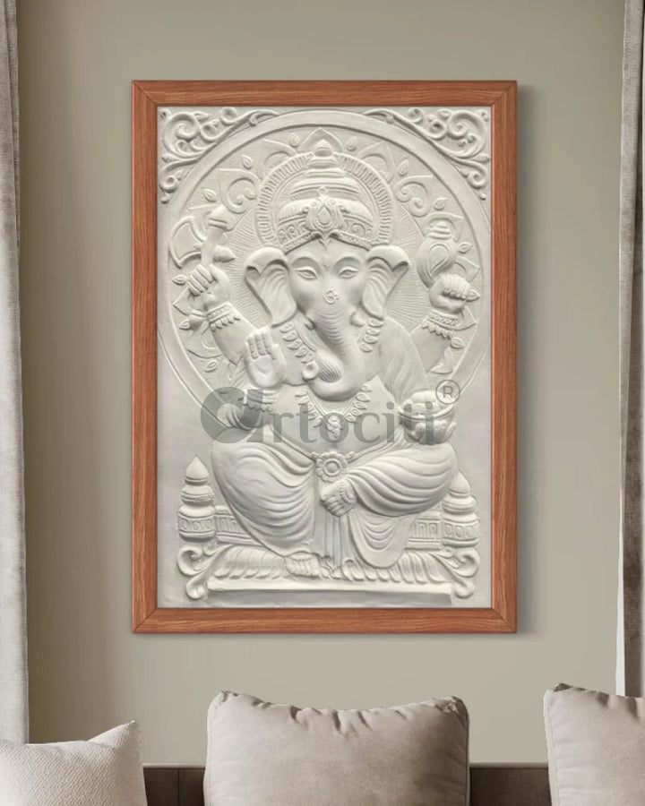 3x2 Feet Sitting Ganesha Relief Mural Wall Art White / Framed Ganesha Wall Decor