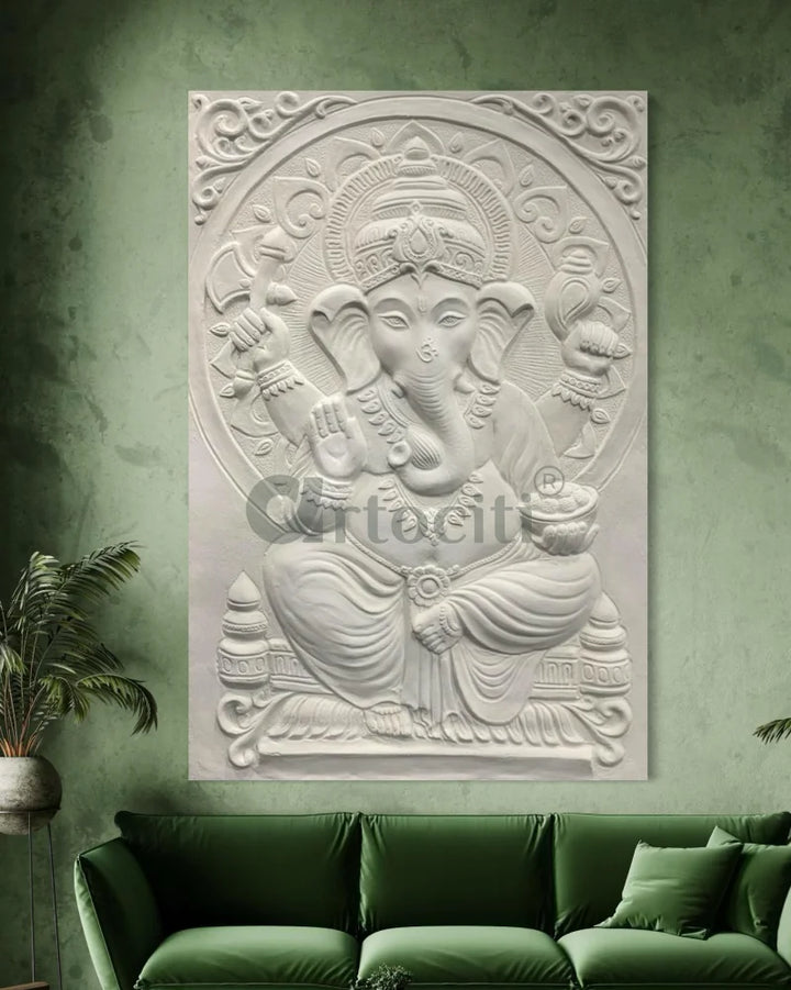 3x2 Feet Sitting Ganesha Relief Mural Wall Art White / Unframed (ready to hang) Ganesha Wall Decor