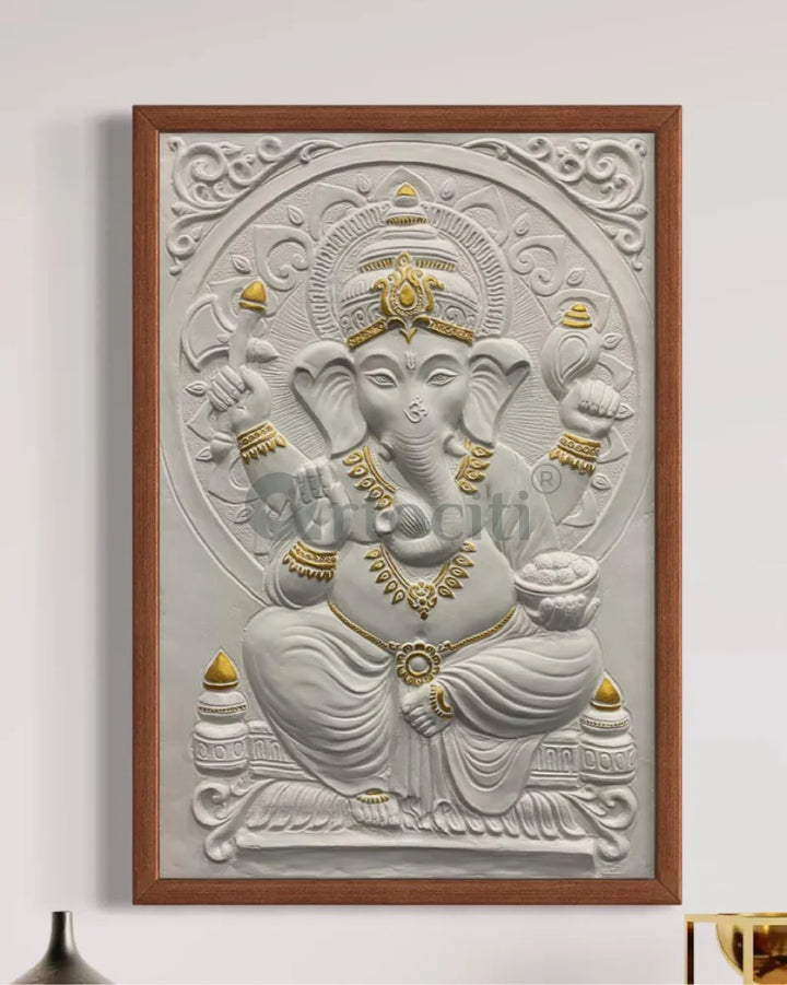 3x2 Feet Sitting Ganesha Relief Mural Wall Art White with Golden highlight / Framed Ganesha Wall Decor