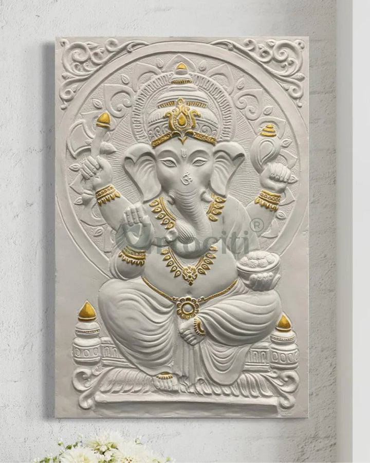 3x2 Feet Sitting Ganesha Relief Mural Wall Art White with Golden highlight / Unframed (ready to hang) Ganesha Wall Decor