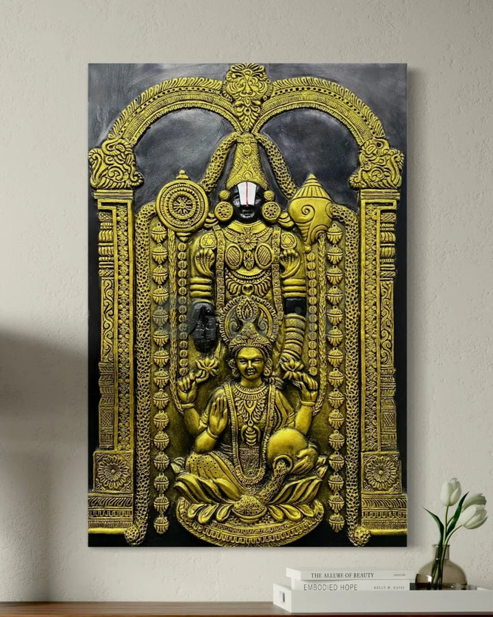 3X2 feet Tirupati Balaji with Goddess Lakshmi 3D Wall Art Relief Mural Golden