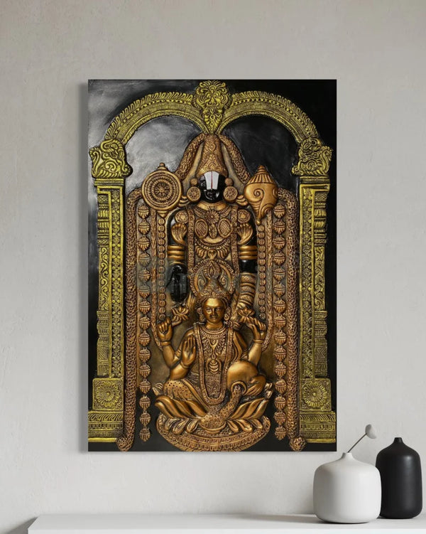 3X2 feet Tirupati Balaji with Goddess Lakshmi 3D Wall Art Relief Mural Golden Bronze